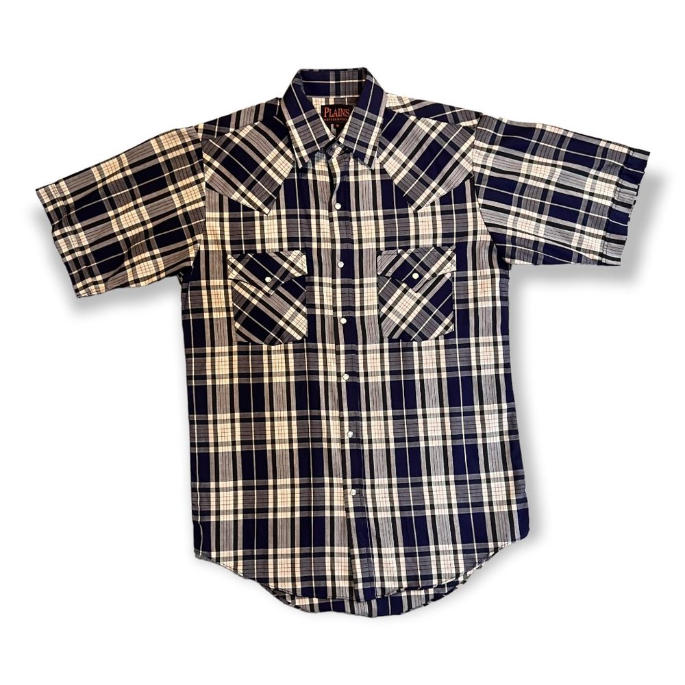 Plains Western Wear Mens Blue Plaid Pearl Snap Button Up Shirt Sz S Cowboy Rodeo